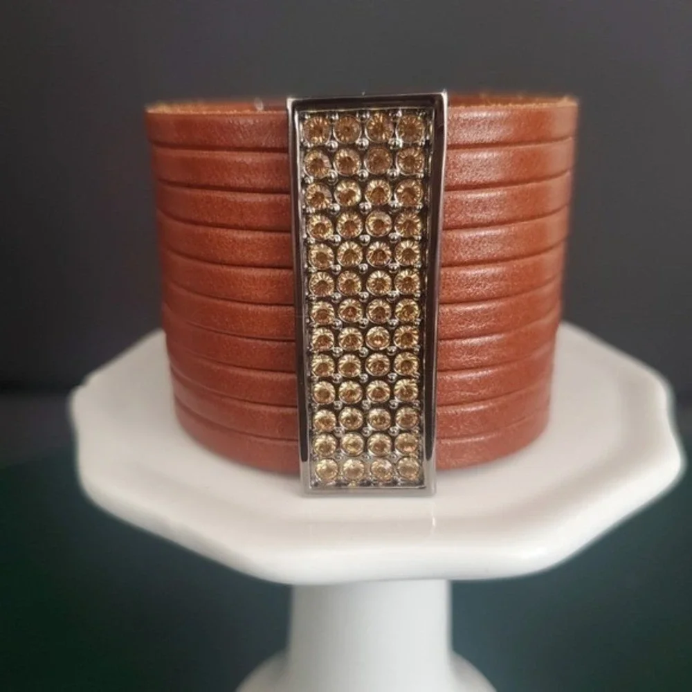 Swarovski Brown Leather Multi-Strand Crystal Cuff Bracelet 5037562 NIB Gift